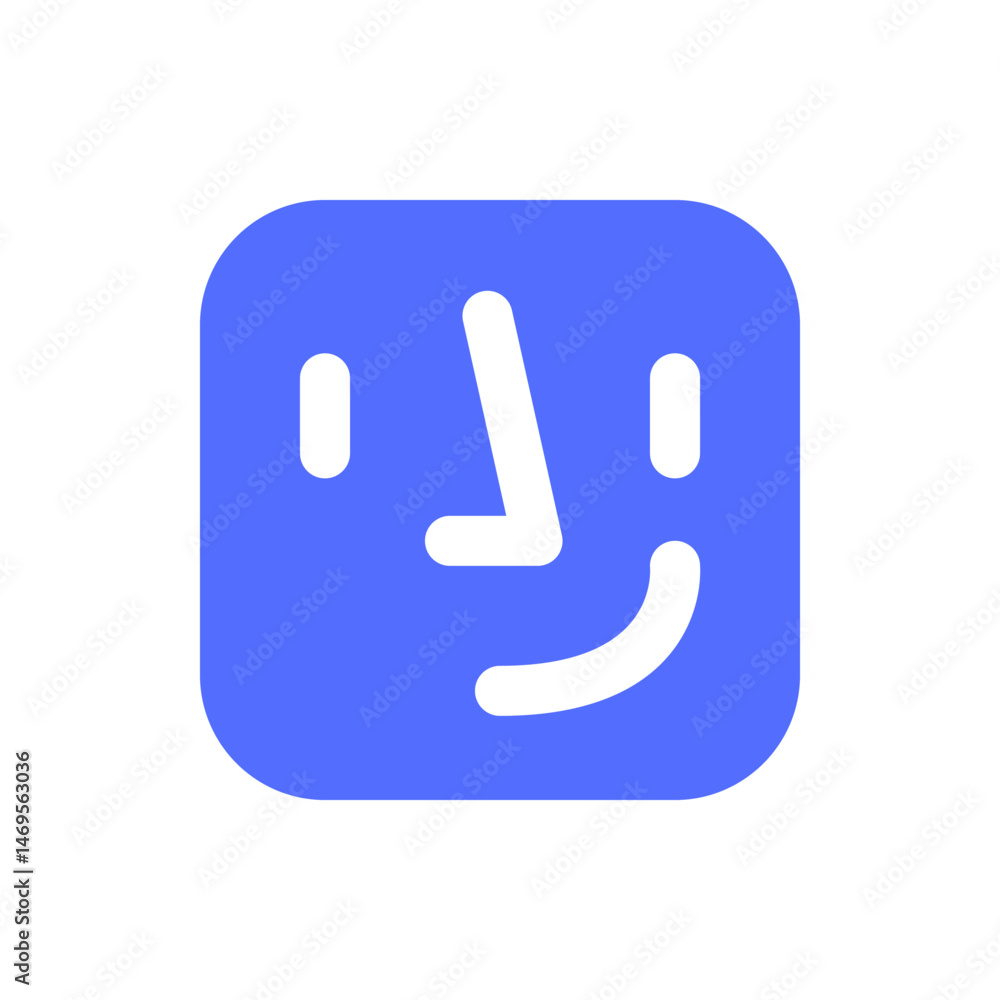 Poster stylized face icon inside a rounded blue square with minimalist white features and a playful express