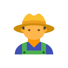 Illustration of a farmer with a yellow hat and blue overalls against a white background depiction style