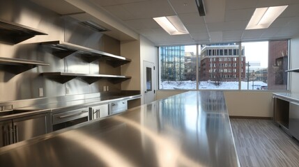 Sleek stainless steel island counter under fluorescent lighting, empty prep space in a commercial setting