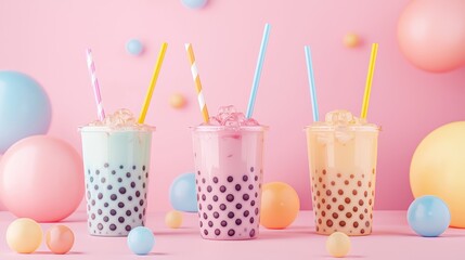 Three colorful bubble tea cups with straws on a pink background with balloons