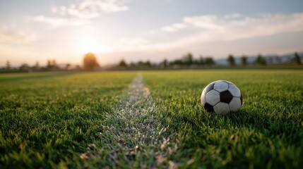 Fototapeta premium Soccer ball near the midfield line on an empty soccer field, bright green grass and clear sky in the background
