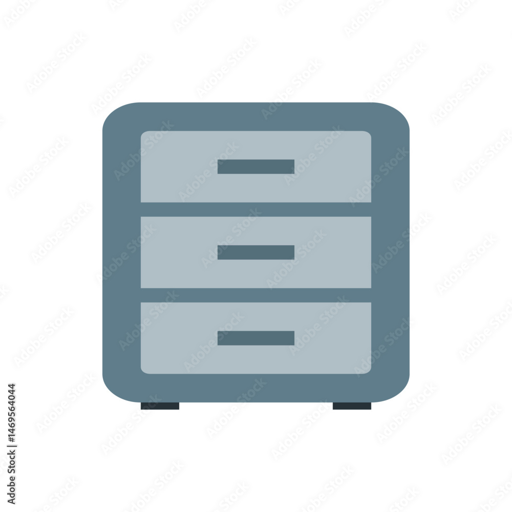 Poster illustration of a gray filing cabinet with three drawers and a rounded rectangular shape on a white 