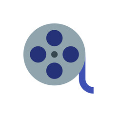 Illustration of a film reel with a gray wheel and four blue circles and a blue film strip extending out