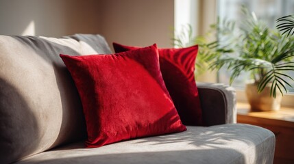 Soft, plush pillow resting on a cozy sofa in a well-lit living room, inviting comfort and relaxation