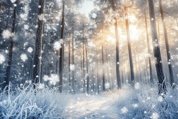 Enchanted forest with falling snowflakes and frosted trees in winter light