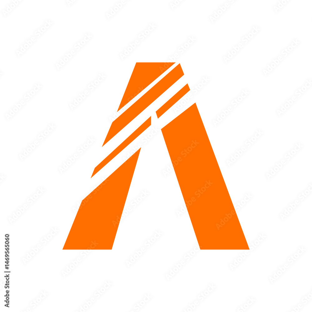 Poster orange abstract shape resembling a letter a with horizontal lines on a white background is displayed