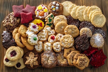 Fototapeta premium Christmas holiday cookies arranged in a festive assortment on rustic wooden background
