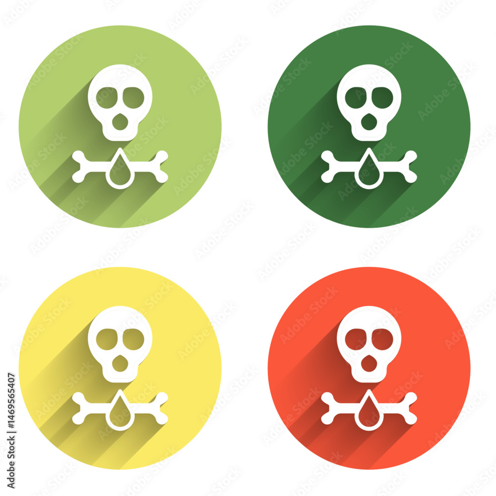 Poster set bones and skull as a sign of toxicity warning icon isolated with long shadow background. color c