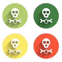 Set Bones and skull as a sign of toxicity warning icon isolated with long shadow background. Color circle button. Vector
