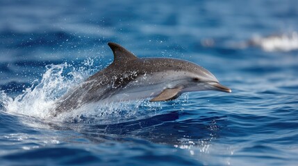 Striped dolphin twisting in the air after breaching the surface, blue sea sparkling below