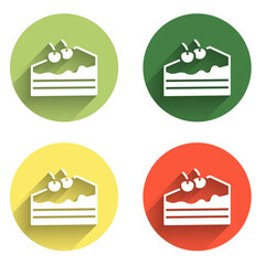 Set Piece of cake icon isolated with long shadow background. Happy Birthday. Color circle button. Vector
