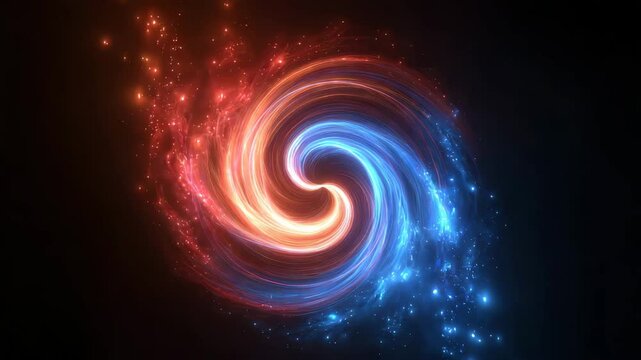 A mesmerizing swirling spiral of energy, split into radiant red and cool blue hues, set against a dark background. This dynamic composition evokes a sense of cosmic wonder and ethereal beauty