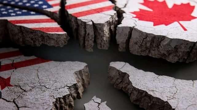 Symbolic representation of division featuring cracked ground with flags of the USA and Canada.