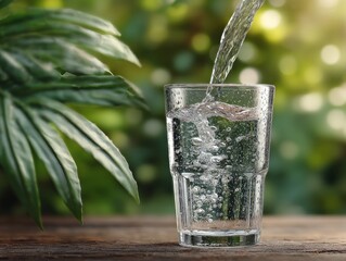 Refreshing water pouring into glass on wooden table in nature setting
