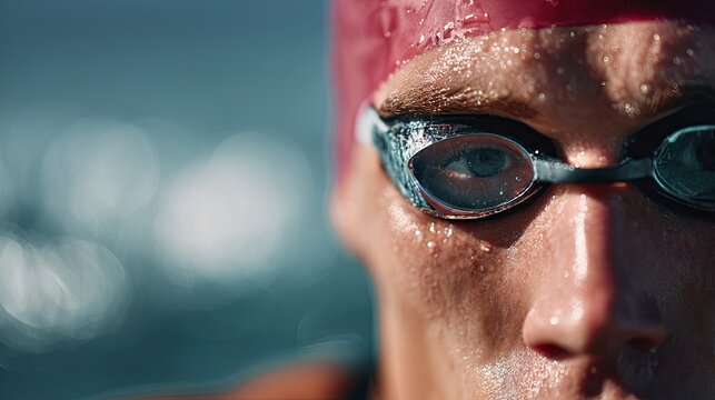 Swimmer with a focused expression, wearing a swim cap and goggles, ready to plunge into the pool