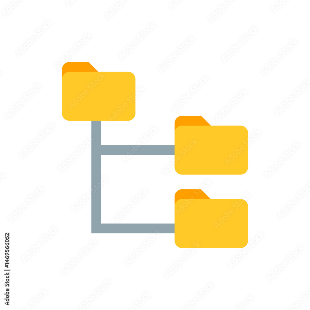 Poster illustration of a hierarchical structure with three yellow folders connected by gray lines on white 