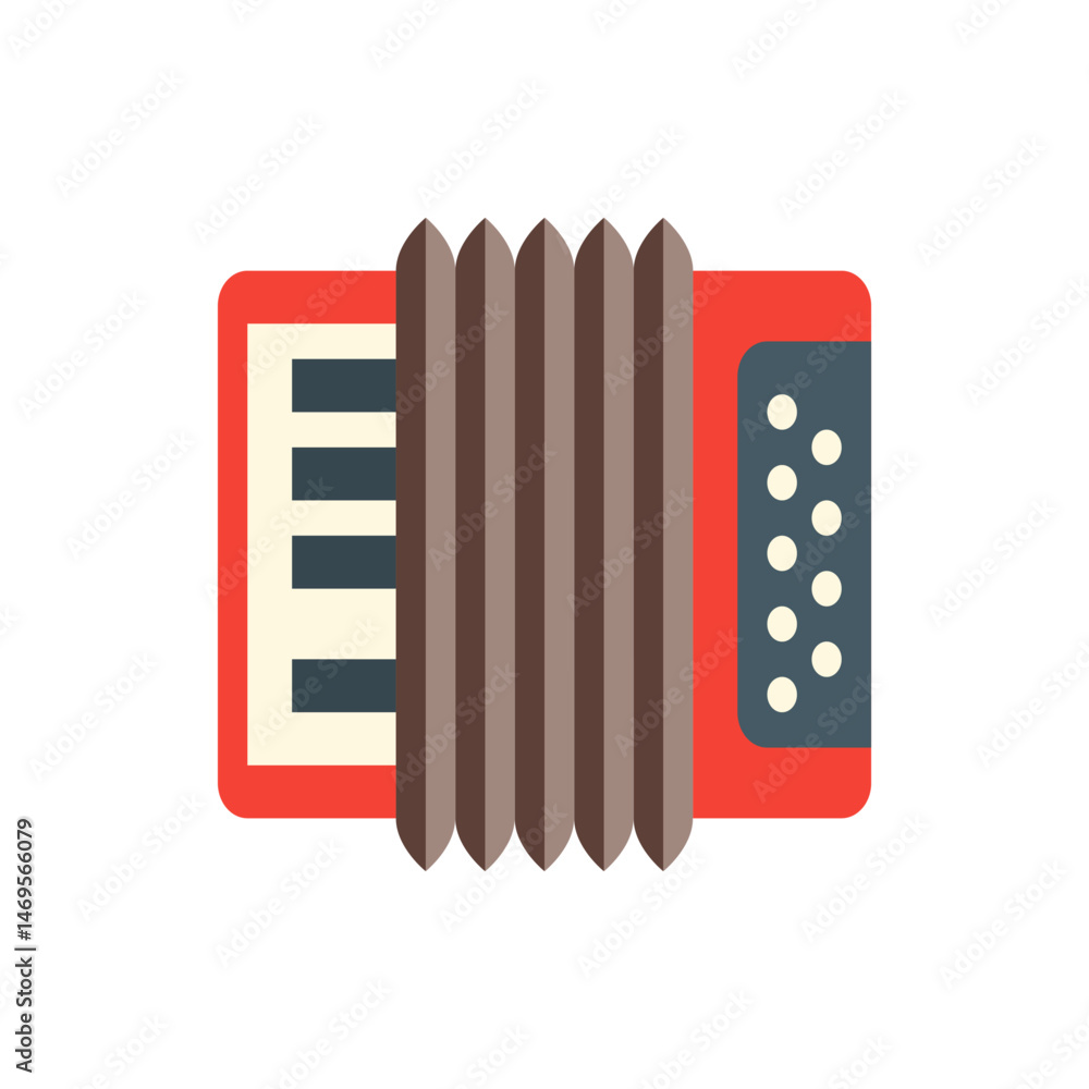 Poster illustration of a red and beige accordion with keys and buttons and a brown bellows in the center