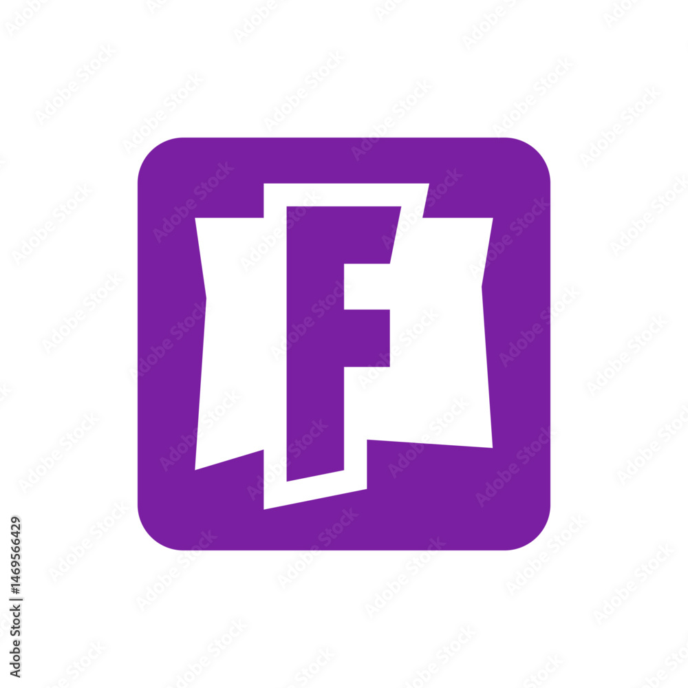 Poster white stylized f letter logo inside a rounded purple square icon with sharp edges and angled extensi