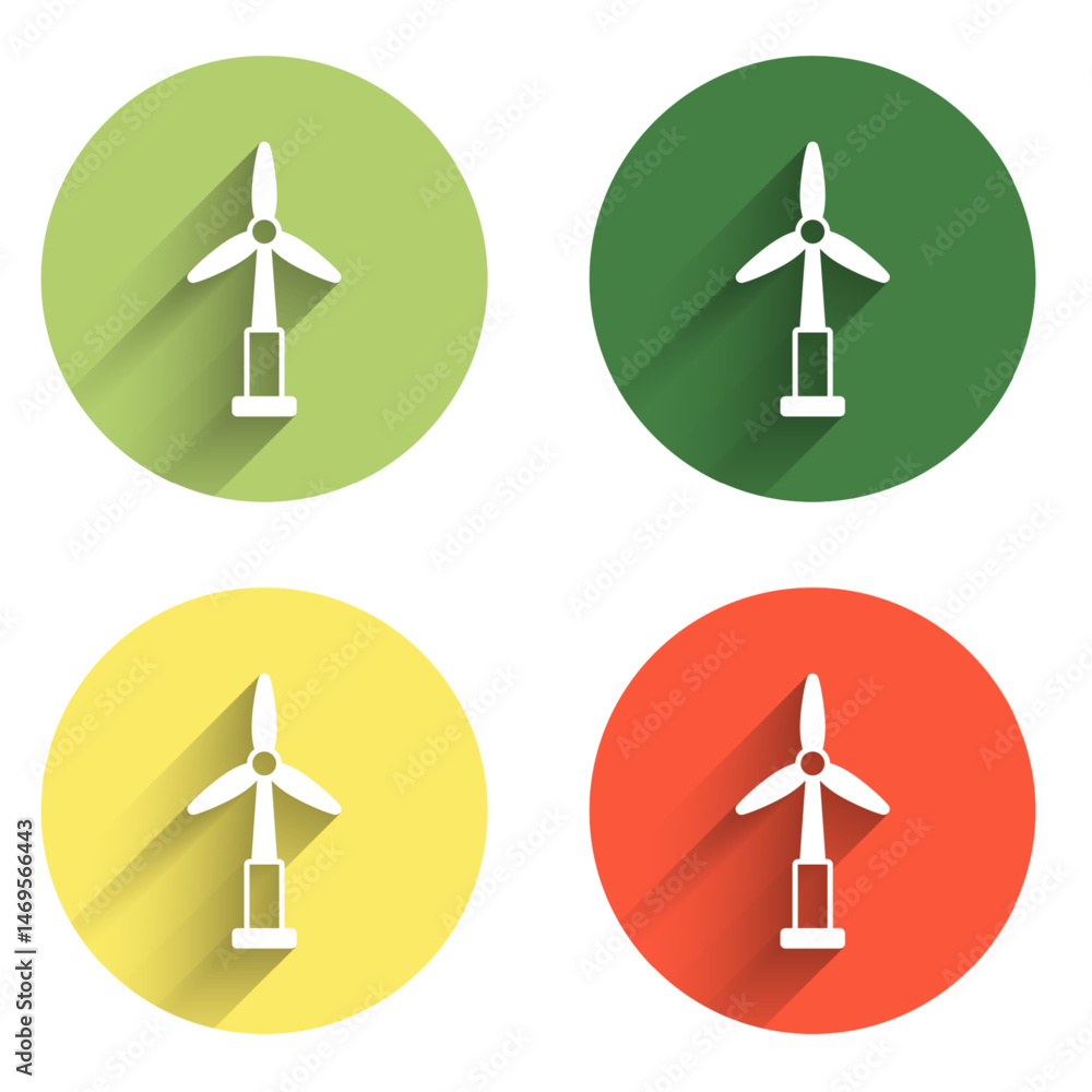 Poster set wind turbine icon isolated with long shadow background. wind generator sign. windmill for electr