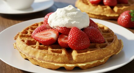 Waffle topped with strawberries and whipped cream on a white plate.
