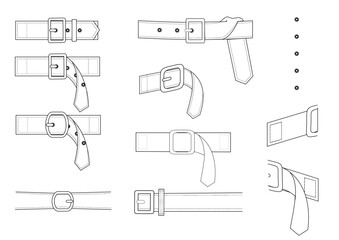 Fashion flat drawing of belt with buckle waist belt for coat, jacket, skirt, dress, trenchcoat, accessory, technical flat sketch vetcor icon