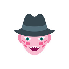 Illustration of a pink skinned character with a black hat, green eyes, and sharp teeth showing a smile
