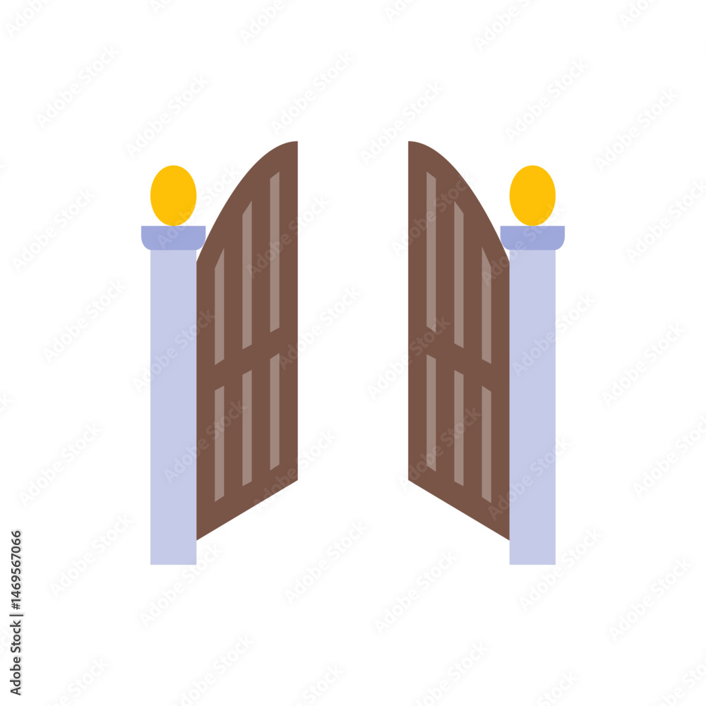 Poster illustration of an open brown gate with posts topped with yellow spheres against a white background 