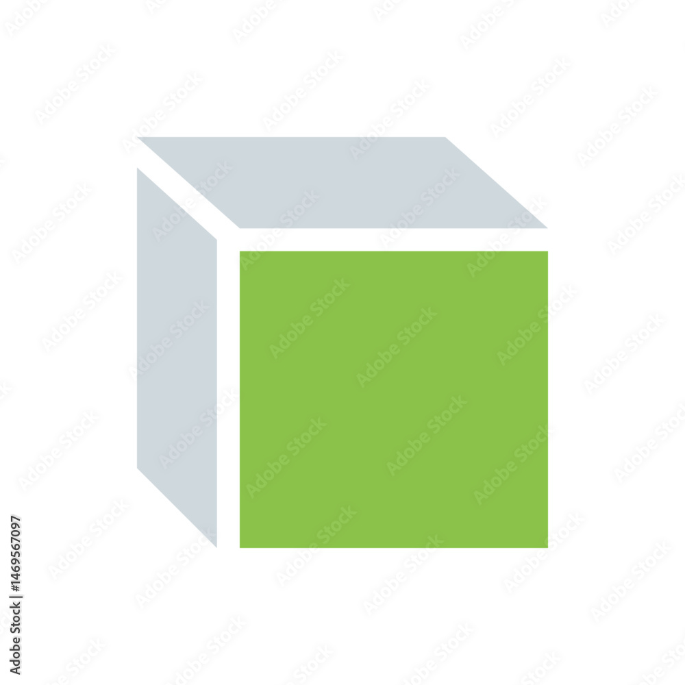 Poster illustration of a simple cube with a green face and a gray face on a white background in a minimalis