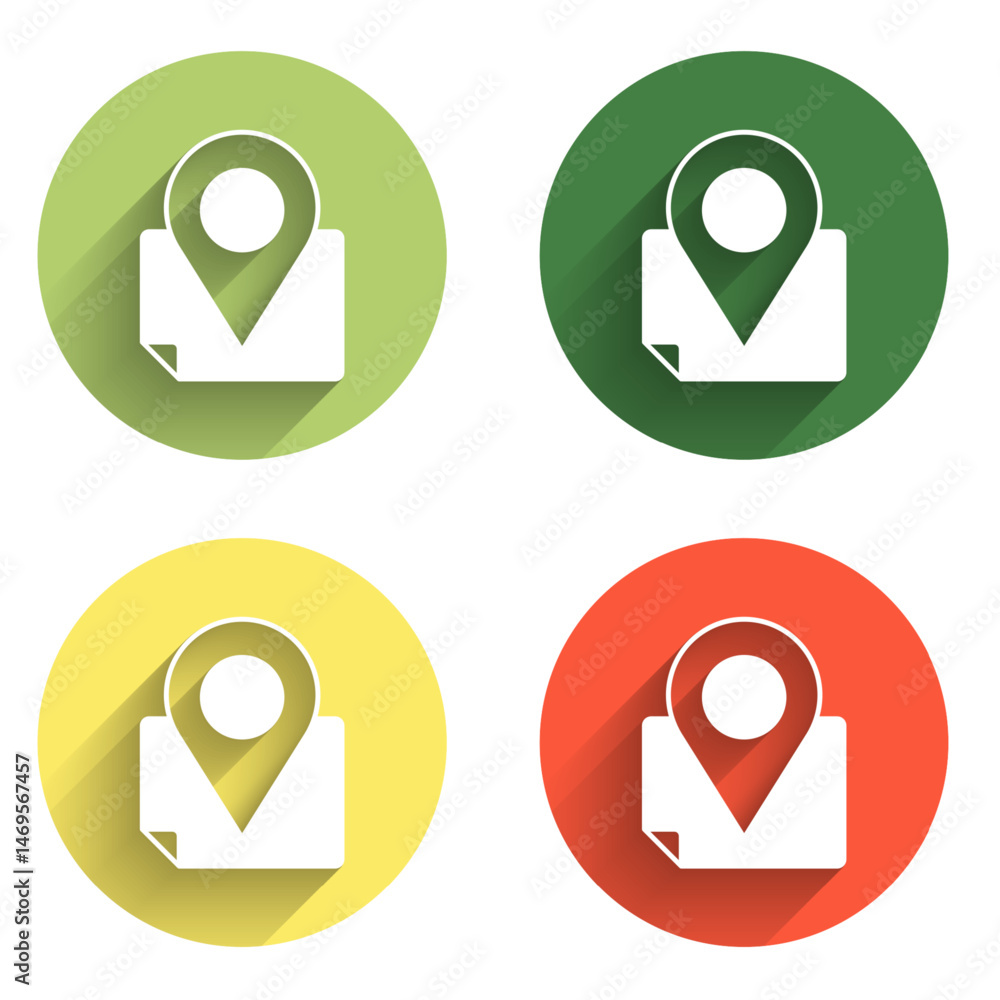 Poster set folded map with location marker icon isolated with long shadow background. color circle button. 