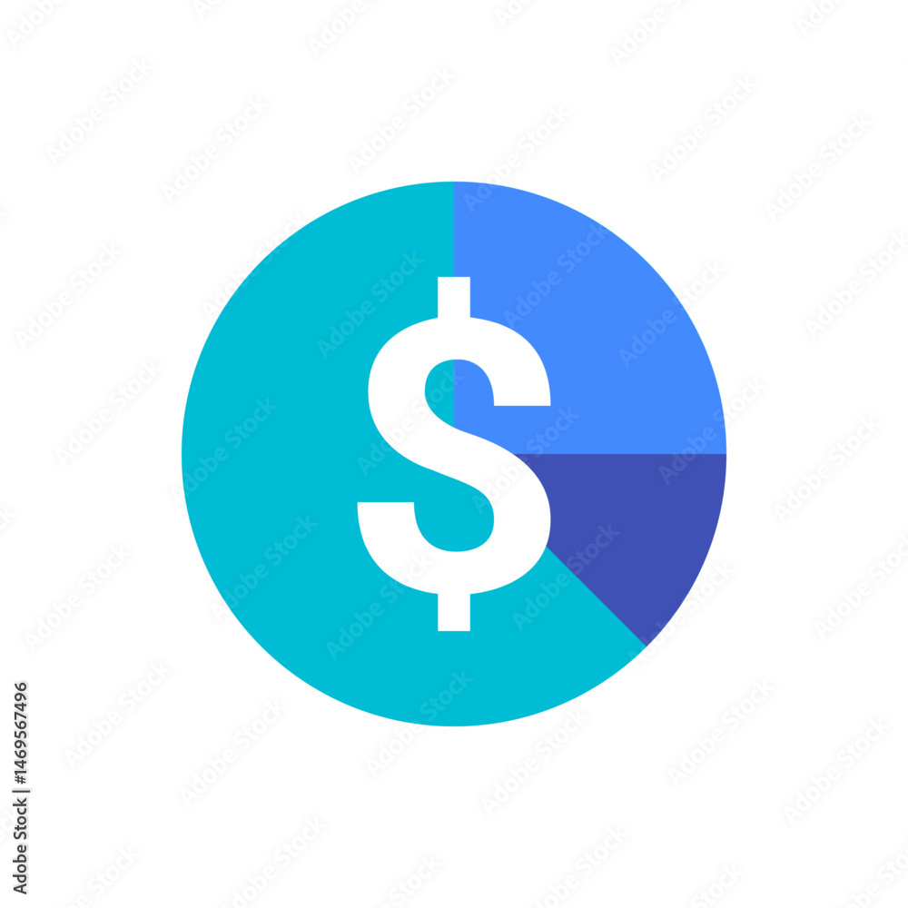 Poster illustration of a dollar sign on a segmented blue circle representing financial data visualization t