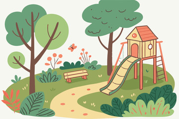 100 playground, playhouse, slide, swing, trees, foliage, bushes, path, colorful, whimsical, cartoon, vibrant, digital art, flat design