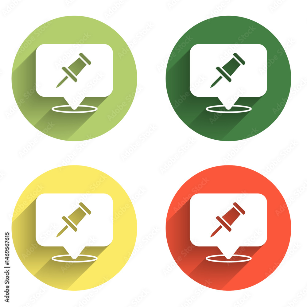 Poster set push pin icon isolated with long shadow background. thumbtacks sign. color circle button. vector