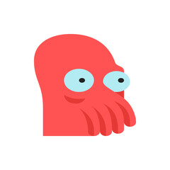Illustration of a red alien character with large eyes and tentacles on a white background in cartoon style