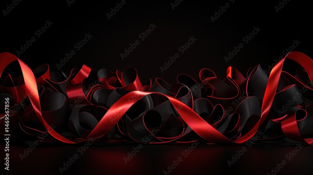 Poster a digital rendering of a black and red ribbon, with a glossy finish, arranged in a wave-like pattern