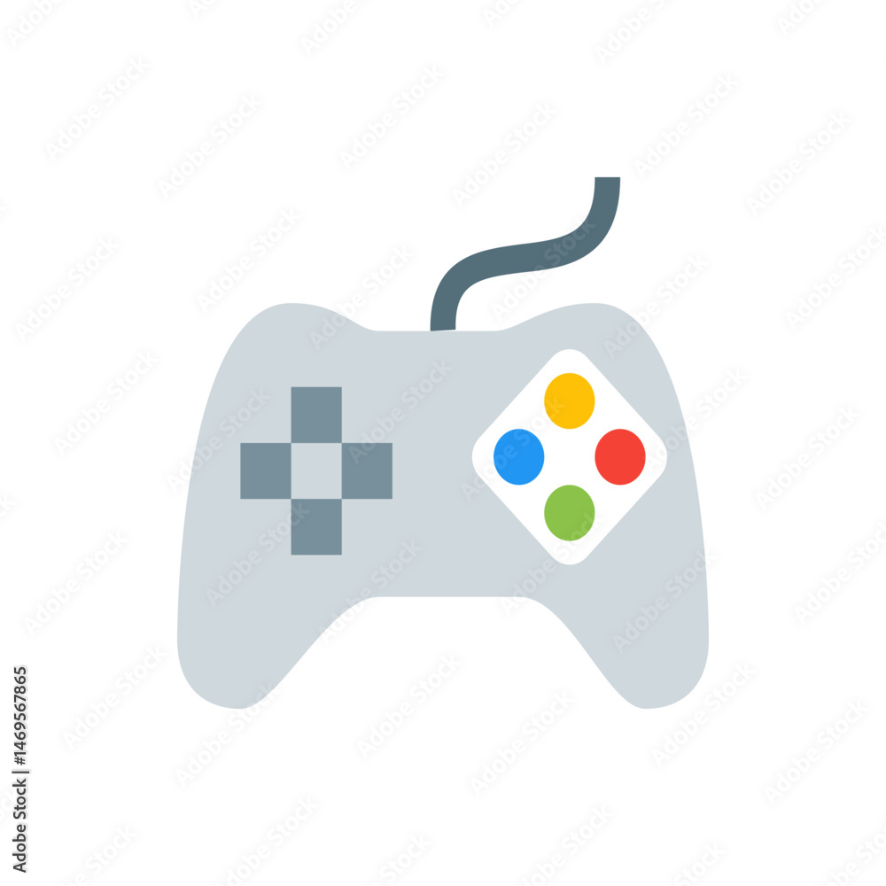 Poster a grey gaming controller with a directional pad and four colorful buttons on a white diamond shape d