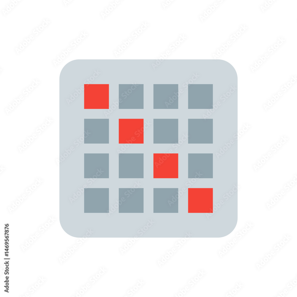 Poster illustration of a rounded square grid with gray squares and four red squares in a diagonal pattern