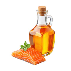 Salmon fillet next to a bottle of olive oil on a transparent background showcasing fresh ingredients perfect for cooking delicious meals