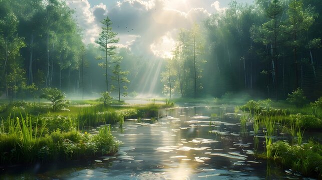 This image captures a serene forest wetland in soft morning light. Sunbeams pierce through the partly cloudy sky and misty air, casting a magical glow over the lush greenery and reflective water. 