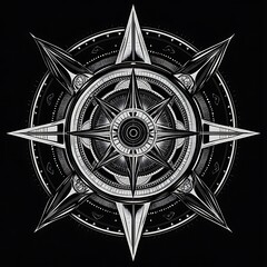 Stylized compass rose illustration on black background for wayfinding or nautical themes