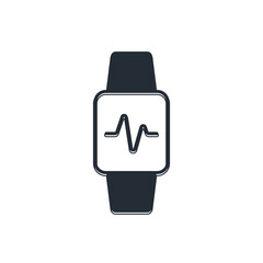 Black Smart watch showing heart beat rate icon isolated on white background. Fitness App concept. Vector