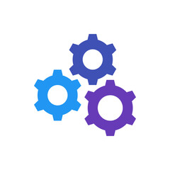 Three gears in shades of blue and purple arranged in a triangular formation on a white background space