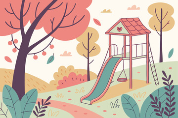 100 playground, playhouse, slide, swing, trees, foliage, bushes, path, colorful, whimsical, cartoon, vibrant, digital art, flat design