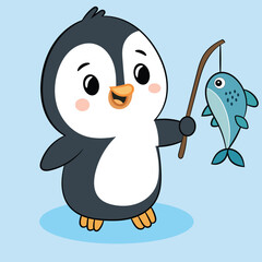 Cute penguin cartoon catching fish illustration