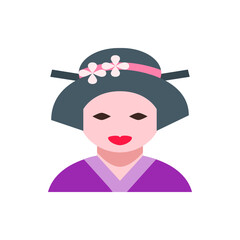 Illustration of a geisha with traditional hair and makeup wearing a purple kimono and flower accents