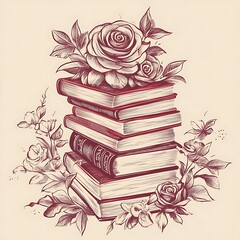 Roses atop books; elegant still life; cream background; book cover design