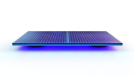 A solar panel array with blue and white colors, placed on a white background with a blue light shining on it.