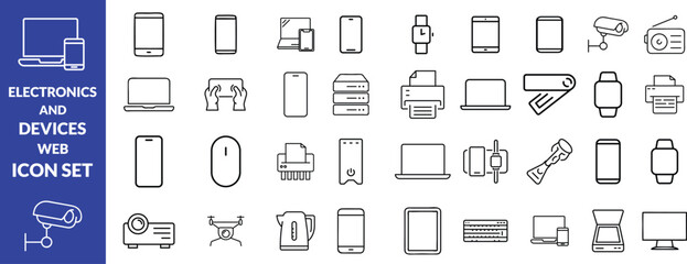 Electronics and Devices web icons in line style. Computing, social network, management, internet, network, programming, Internet connection collection. Vector illustration