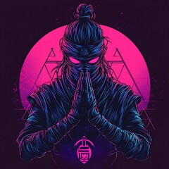 Ninja meditating, 80s synthwave background, digital art
