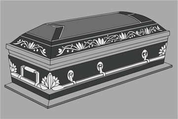102 closed black casket, realistic, detailed, high resolution, photorealistic, 3d render, black and silver accents, decorative casket design, coffin, funeral, death, mortuary, casket lid with metal tr