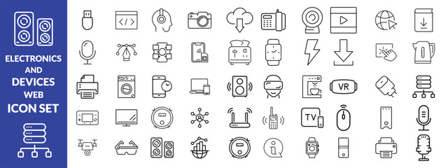 Electronics and Devices web icons in line style. Computing, social network, management, internet, network, programming, Internet connection collection. Vector illustration